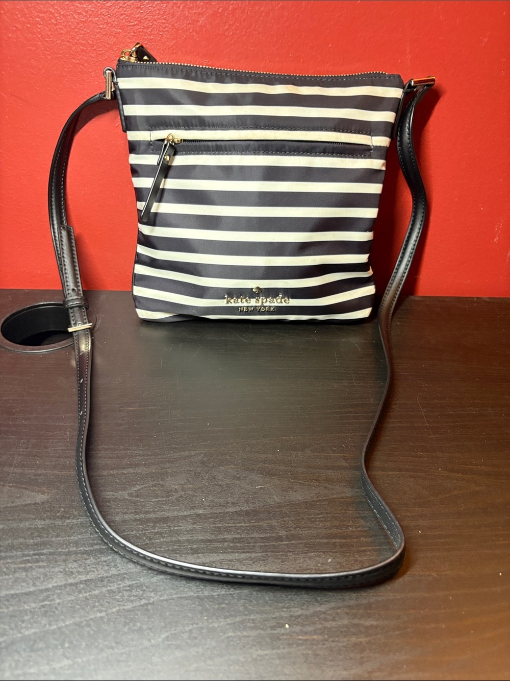 kate spade Black and White Striped Crossbody with Gold Accents